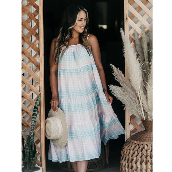 Storia Pastel Gingham Rainbow Midi Dress Size Medium Tired Ruffle - Picture 1 of 9